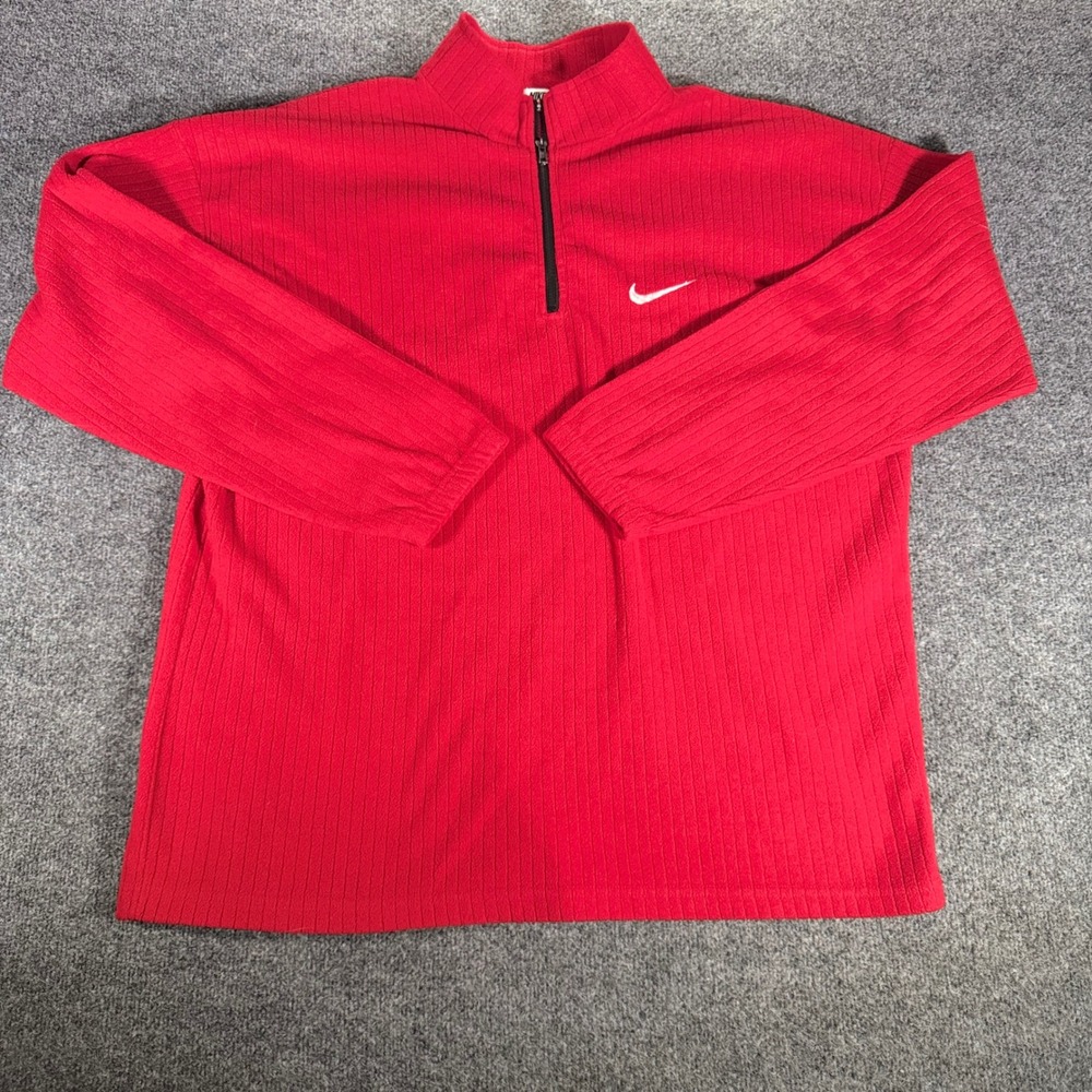 Nike Fleece Pullover Vintage 1/4 Zip Ribbed Sweatshirt Large Red Mens Swoosh Y2K